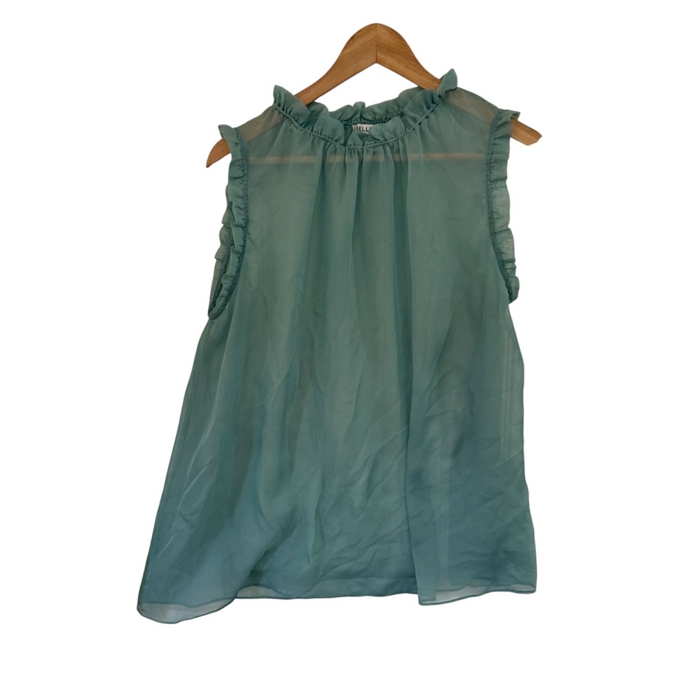 Belle Vere Teal Blue Sheer Ruffle Mock Neck Sleeveless Blouse Top Women's M‎